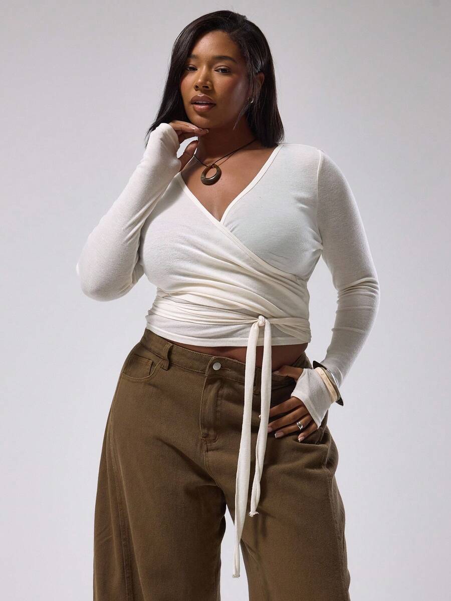 MUSERA Plus Ballerina Wrap Around Long Sleeve Top Cute Elegant Classy Fall Autumn Casual Lounge Top For Women Curve Butterscotch Autumn Winter Fall