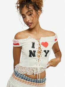 SUMWON WOMEN Gorset bardot z odkrytymi ramionami, koronką, nadrukiem w serca i koronkowymi wykończeniami, idealny na letnie festiwale - Biały - Zobacz 1