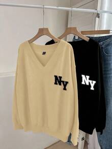 EMERY ROSE 2 piezas Sudadera de felpa con cuello en V de unicolor para mujer talla grande con estampado de NY, versátil para otoño/invierno