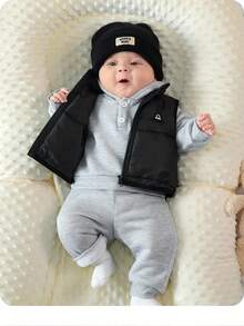 SHEIN Newborn Baby 3pcs Set: Hooded Long Sleeve Pullover Sweatshirt, Pants, Sleeveless Vest