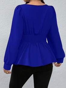 SHEIN LUNE Plus Size Square Collar Solid Color Ruffled Hem Casual Long Sleeve Shirt, For Christmas Peplum Top - Royal Blue - View 2