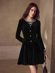 MOTF PREMIUM VELVET BLACK RHINESTONE DECOR WAIST CINCHED SHORT DRESS