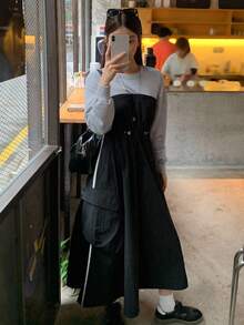 DAZY Women's Round Neck Long Sleeve 2 In 1 Waist Cinched Long Casual Street Dress - Black - View 5