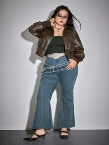 ROMWE Grunge Punk 大码女式复古做旧 PU 机车夹克，合身领口，秋冬 - 咖啡棕 - 查看 3