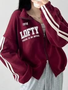 DAZY 休闲学院风宽松字母印花女式拉链卫衣夹克 - 酒紅色 - 查看 8