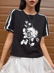 DAZY Damen Sommer Floral bedrucktes Rundhals Kurzarm Lässig T-Shirt mit Grafik - Schwarz - Übersicht 4