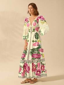 CAJUNI 女式波西米亚风热带花卉 V 领长袖露背 A 字形度假连衣裙 - 彩色 - 查看 3