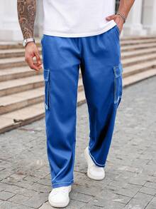 Manfinity Homme Outdoor Casual Loose Pocket Men Plus Size Pants, For Fall - Royal Blue - View 3