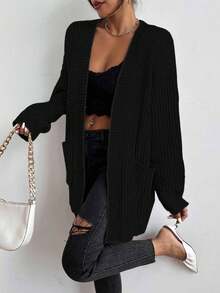EURMUSE 女士休闲纯色罗纹针织开衫，秋冬 - 黑色 - 查看 3