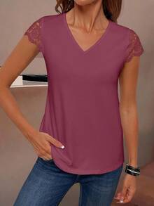 EMERY ROSE Women's Short Sleeve V-Neck Solid Color T-Shirt, Fashionable For Summer - Red - View 6