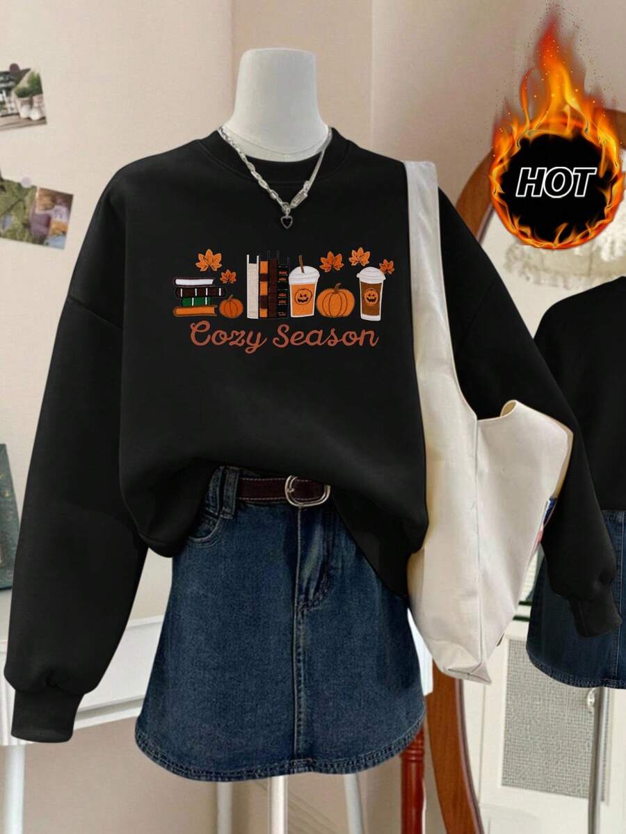 SHEIN Hanorac cu guler rotund, mărime standard, model dovleac, cu umeri căzuți, casual, lejer