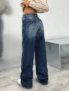 EURMUSE Quần jean ống đứng cạp trễ họa tiết giặt - Rửa tối - Xem 3