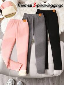 SHEIN 3 件 Tween 女童百搭休闲保暖内衬罗纹仿皮贴片字母打底裤套装，黑色/灰色/粉色，舒适基本百搭打底裤 3 件套 - 彩色 - 查看 5