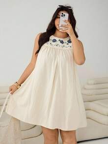 Solflare Plus Size Women Floral Embroidered Apricot Casual Sleeveless Dress Cotton Summer Dress Embroidered Dress Floral Dress 100% Cotton Dress,Back To School - Apricot - View 4