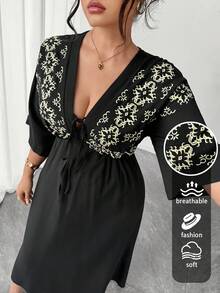 Elenzga Robe longue maxi pour femmes grandes tailles, col V décontracté, à nouer, imprimé floral jaune, manches 3/4, mélange de coton et lin