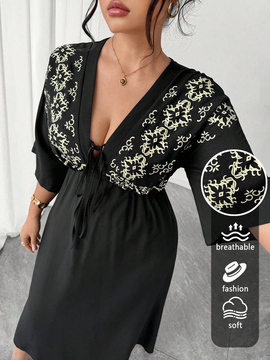 Elenzga Robe longue maxi pour femmes grandes tailles, col V décontracté, à nouer, imprimé floral jaune, manches 3/4, mélange de coton et lin