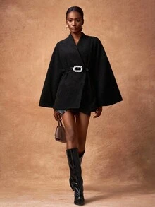 Zivah 2025 Autumn And Winter New Casual Commuting Loose Gray Woolen Bat Sleeve Woolen Coat Women Coat, With Metal Belt, Suitable For Daily Travel, Commuting, Party Gatherings, Festivals, Travel, Casual -A