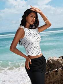 Opulessa Women's Knit Polka Dot Pattern Asymmetrical Shoulder Top, Off Shoulder Polka Dot Top, New Year Look, Elegant Party, Graduation, Prom, Luxury Evening For Women, Chic Autumn - White - View 6