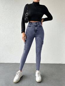 Cottnline Quần jeans Cargo dáng ôm vừa vặn, giặt thường ngày - Xám - Xem 3