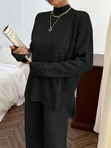 EURMUSE Rib Pattern Pocket Pullover Pant Knit Set - Black - View 7
