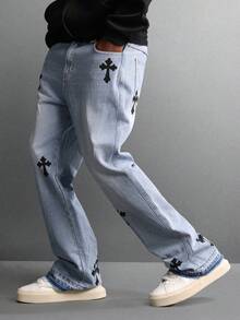 SUMWON Cotton Chrome Cross Design Light Wash Flared Denim Jeans Gothic Print Baggy Pants For All Seasons Street Style Custom Handcrafted Fashion