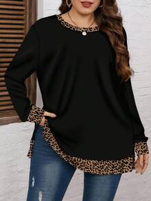 EMERY ROSE 女士加大码撞色豹纹圆领休闲落肩卫衣，毕业季、教师节、返校季秋冬季女士长袖上衣 - 彩色 - 查看 5