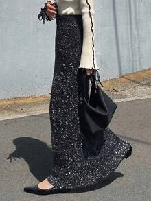 FRIFUL 女士弹力腰直筒亮片毛衣裙 冬季女裙 - 黑色 - 查看 3