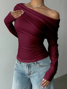 Aloruh Women's Casual Asymmetric T-Shirt With Twist Detail, Solid Color Long Sleeve Knit T-Shirt, Suitable For Autumn/Winter, Elegant For Dates And Everyday Wear,Red Top