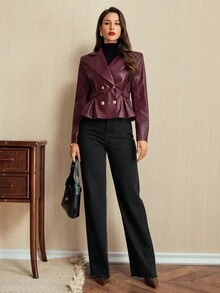 Vintamour 复古经典优雅女士常规夹克，秋冬修身大领双排扣金属纽扣夹克，腰带夹克，PU 皮夹克，安哥拉红夹克，长袖夹克