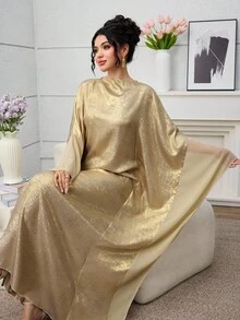 Al Najma 女士阿拉伯风格拼接优雅高端连衣裙，适合派对和舞台 - 金色 - 查看 5