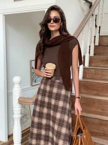 Falda casual de línea A con cintura acampanada a cuadros para mujer - Café integral - Ver 7