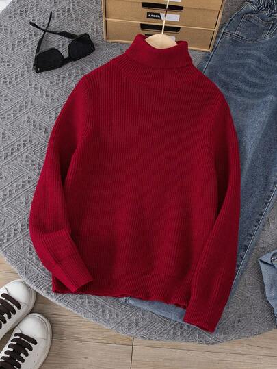 SHEIN Casual Solid Color Long Sleeve Turtleneck Tween Boys Sweaters,Ensemble Hiver,Winter Clothing,Fall Outfits,Fall Clothing,All Clothes For Kids,Christmas Red Sweater,Red Tops,Fall Sweaters,Fall Tops