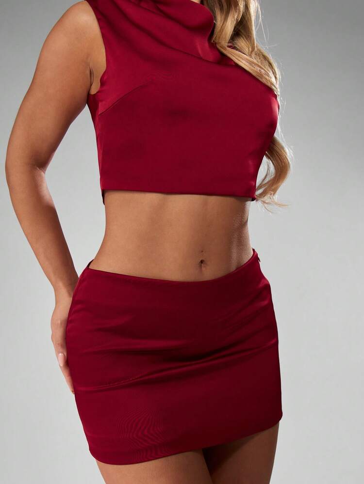 MISSGUIDED Luxurious Satin Two Piece Set High Neck Crop Top Mini Skirt Evening Party Club Co-Ord Elegant Wedding Guest Sleeveless Matching Outfit