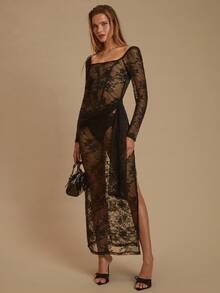 Glamine Fashionable Sexy Sheer Lace Side Slit Dress