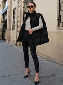 DAZY Chaleco acolchado estilo chaqueta para mujer, chaqueta/chaleco de otoño/invierno - Negro - Ver 5