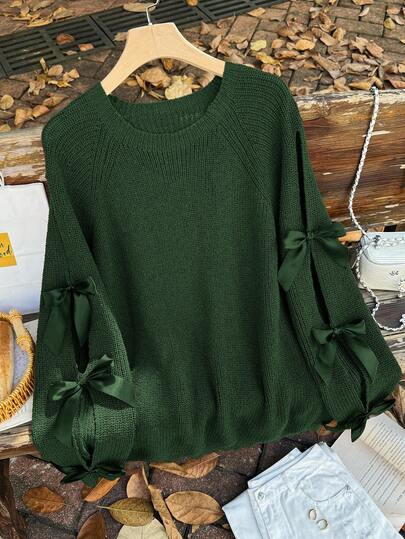 Firerie Suéter holgado de punto de talla grande con decoración de lazo hueco, suéter de cuello redondo lindo de otoño de talla grande en verde beige/invierno