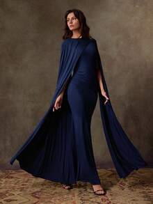 Lilora Elegantes Dolman-Ärmel Bodycon Kleid für Frauen, Herbstmode für Frauen, elegant und würdevoll, elegantes blaues Kleid mit Cape, geeignet für Büroarbeit, Veranstaltungen, Alltag, Urlaub - marineblau - Übersicht 1