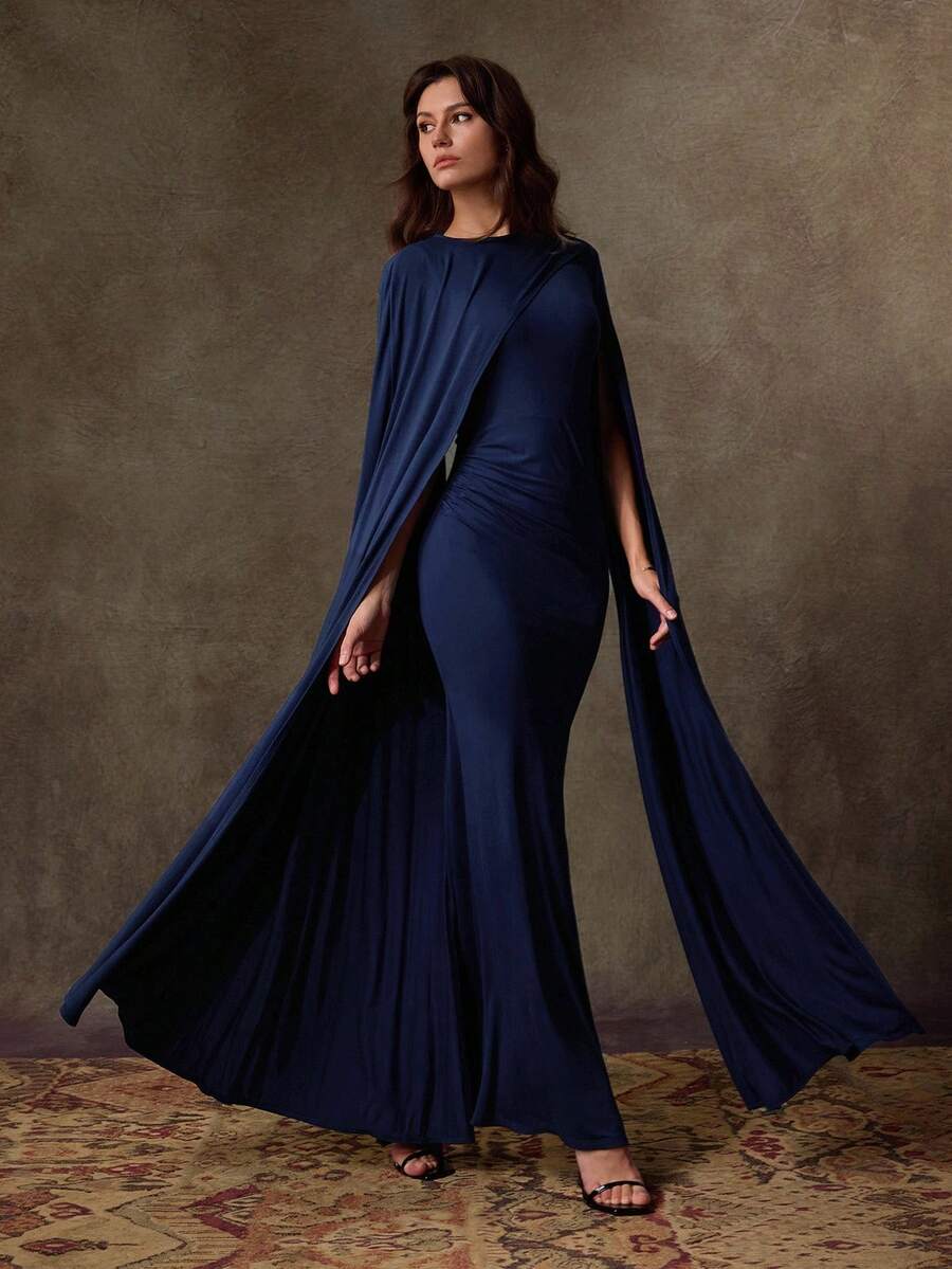 Lilora Elegantes Dolman-Ärmel Bodycon Kleid für Frauen, Herbstmode für Frauen, elegant und würdevoll, elegantes blaues Kleid mit Cape, geeignet für Büroarbeit, Veranstaltungen, Alltag, Urlaub - marineblau - Übersicht 1