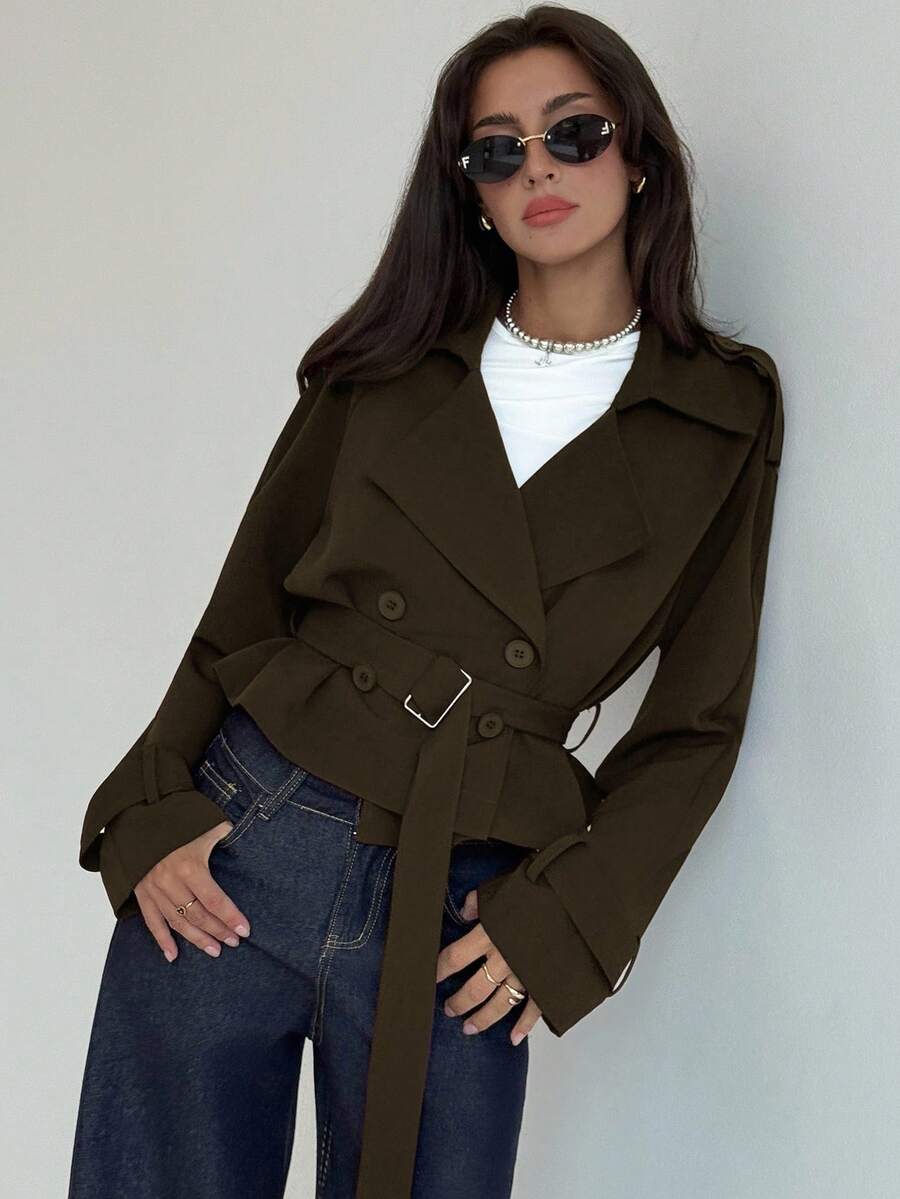 Aloruh 女士休闲通勤纯色短款风衣秋冬女装 - 咖啡棕 - 查看 1