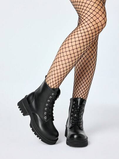 Grunge Punk Women's Black Side Zipper Lace-Up Boots, Dark Punk Rock Style With Chain Decor, Motorcycle Boots, College/Knight Leather Mid-Calf Boots