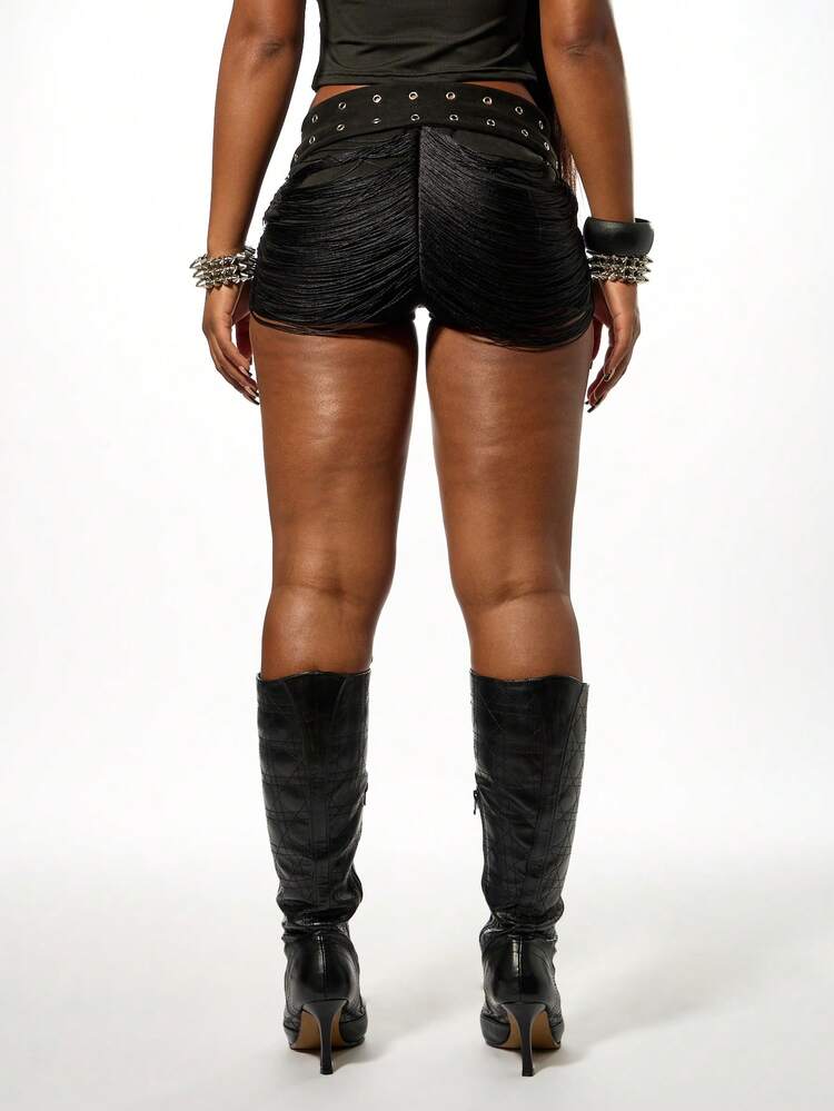 SUMWON Halloween Low Rise Faux Suede Shorts With Belt And Fringe Tassel Details For Women