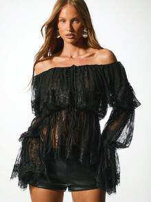 KIZN Off Shoulder Lace Bardot Blouse Long Sleeve Tiered Ruffle Top Evening Outfit