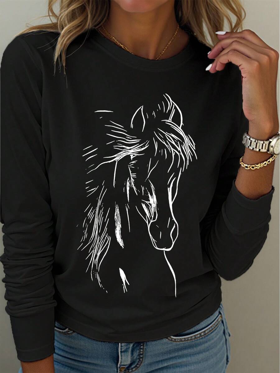 EMERY ROSE Plus Horse Printed Casual Long Sleeve T-Shirt Graphic Tees Women Tops For Spring - Black - View 1