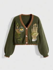 ROMWE Women's Fairycore V-Neck Eye & Palm Embroidery Cardigan Sweater - Multicolor - View 1