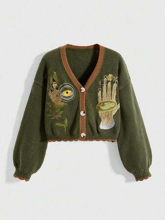 Cardigan à col V avec broderie d'yeux et de paumes, style Fairycore, pour femmes