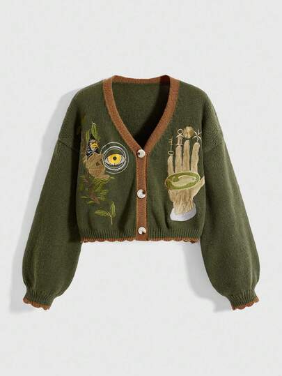 Women's Fairycore V-Neck Eye & Palm Embroidery Cardigan Sweater
