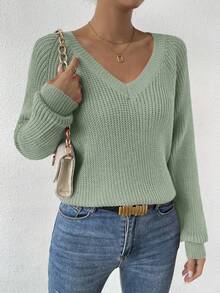 EMERY ROSE Women's Solid Color V-Neck Raglan Sleeve Casual Loose Knit Sweater, Autumn - Green - View 4