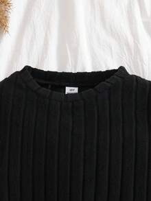 SHEIN 1 件女童圆领长袖罗纹针织拼布花卉下摆连衣裙，甜美淑女，秋季 - 黑色 - 查看 6