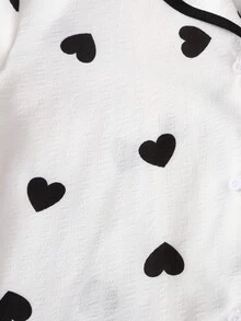 2pcs Tween Girls Cute Minimalist Heart Pattern Cardigan Long Sleeve Top And Straight Leg Lounge Pants Sleepwear Set, Casual And Comfortable - Grey - View 4