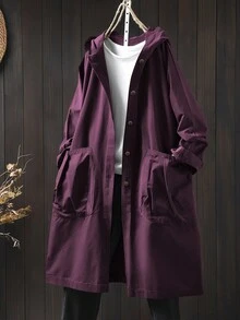 SHEIN LUNE Chaqueta casual larga con capucha y bolsillos grandes de unicolor de manga larga para mujer de talla grande - Morado - Ver 1